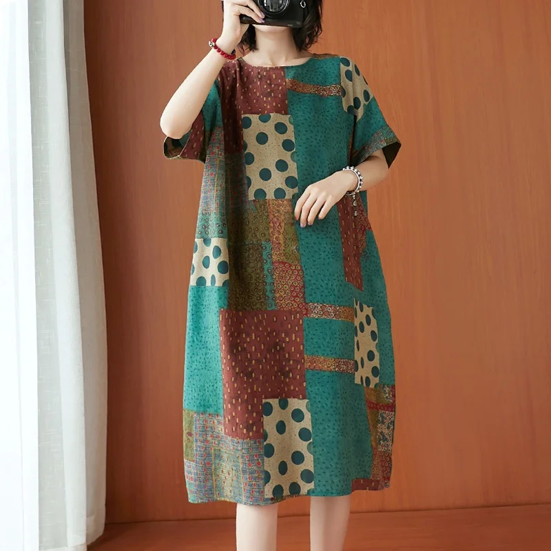 

Floral Print Plaid Cotton Lin Women's plus Size Dr ort Sve round Ne Midi Length A-Line Skirt Loose Fit Commute Sle