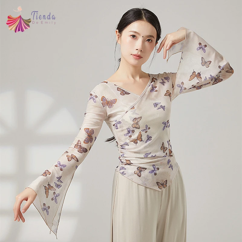 terno-de-danca-feminino-topo-com-decote-em-v-manga-longa-queimada-gaze-malha-borboleta-impresso-camisa-pura-trajes-de-pratica-casual-roupas-finas