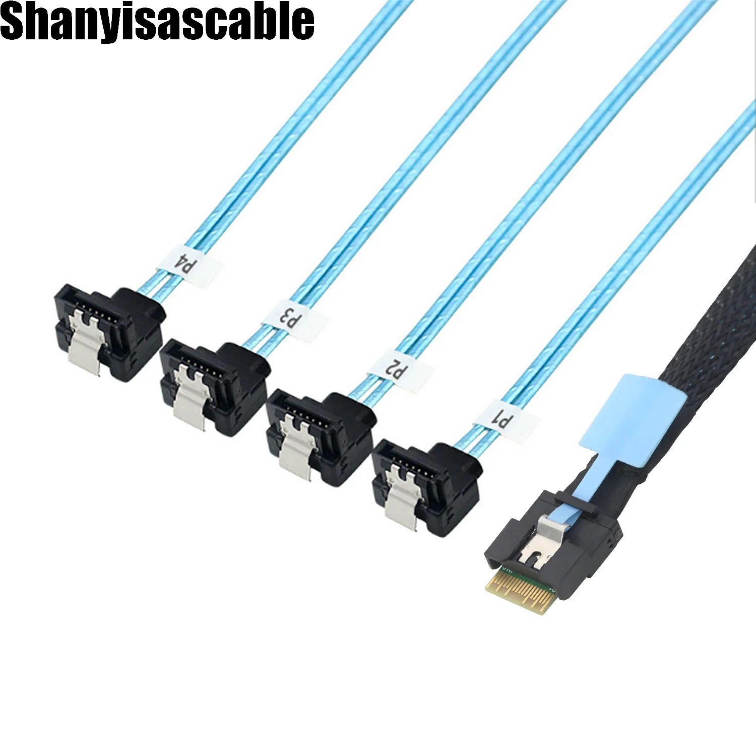 1.0 Meter PCIe SlimSAS SFF-8654 4I 38Pin Anti-Misplug Connector to 4-Port 90° Right Angle SATA Female Port, High Speed SSD Serve