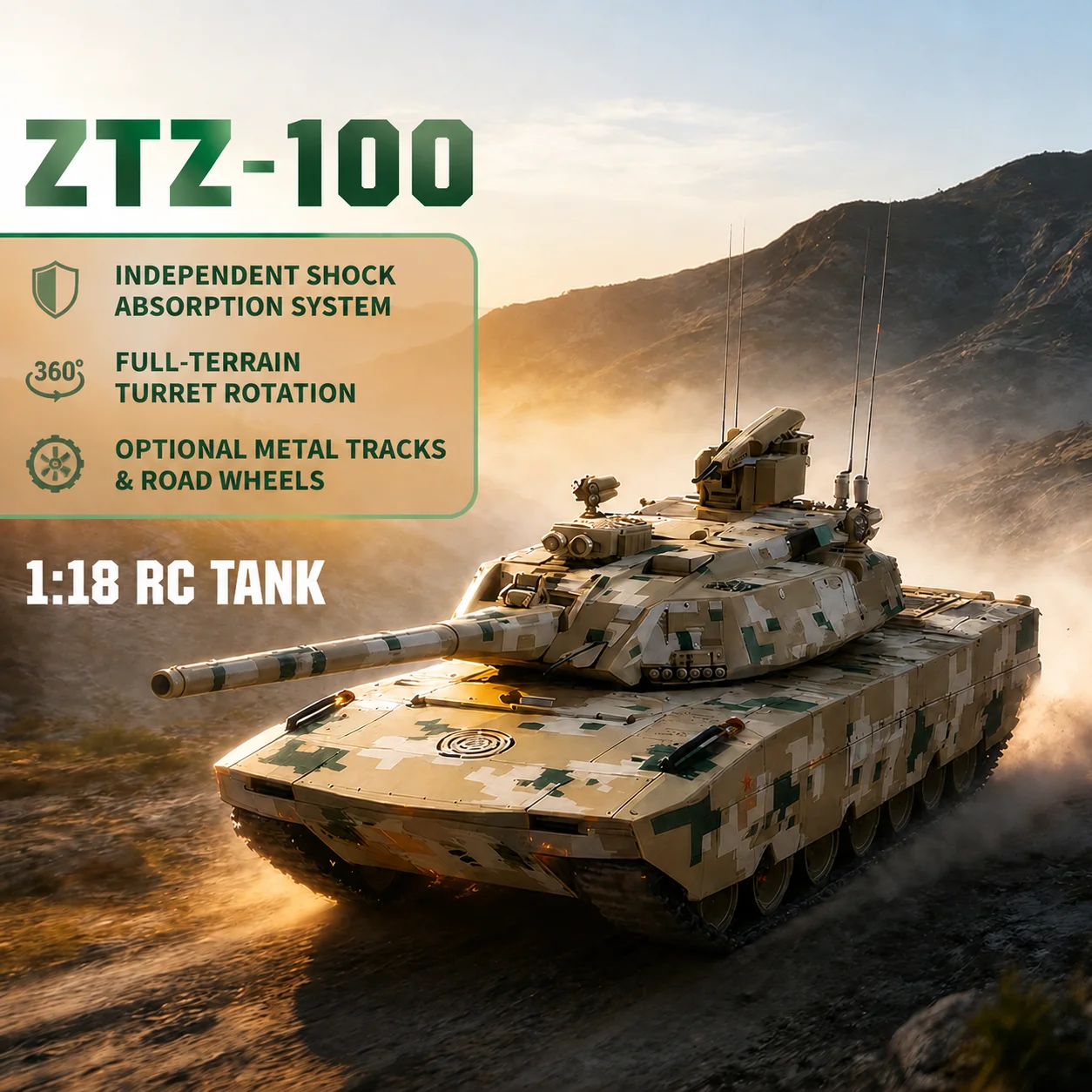 1:18 ZTZ-100 RC Tank Military Toy Electric Armored Vehicle 2.4GHz with Metal Tracks or Plastic Tracks, Sound Light Effects, 360°