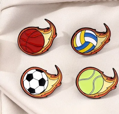 Crown Basketball Football Sports Metal Badge Punk Clothing Hat Needle Brooch Football Flames