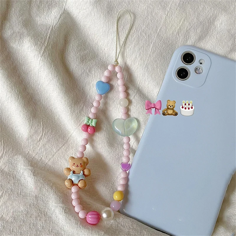 Korea Cute 3D Bear Cherry Heart Beaded Phone Chain Charm Lanyard For iPhone Samsung Huawei Universal Accessories Jewelry Pendant