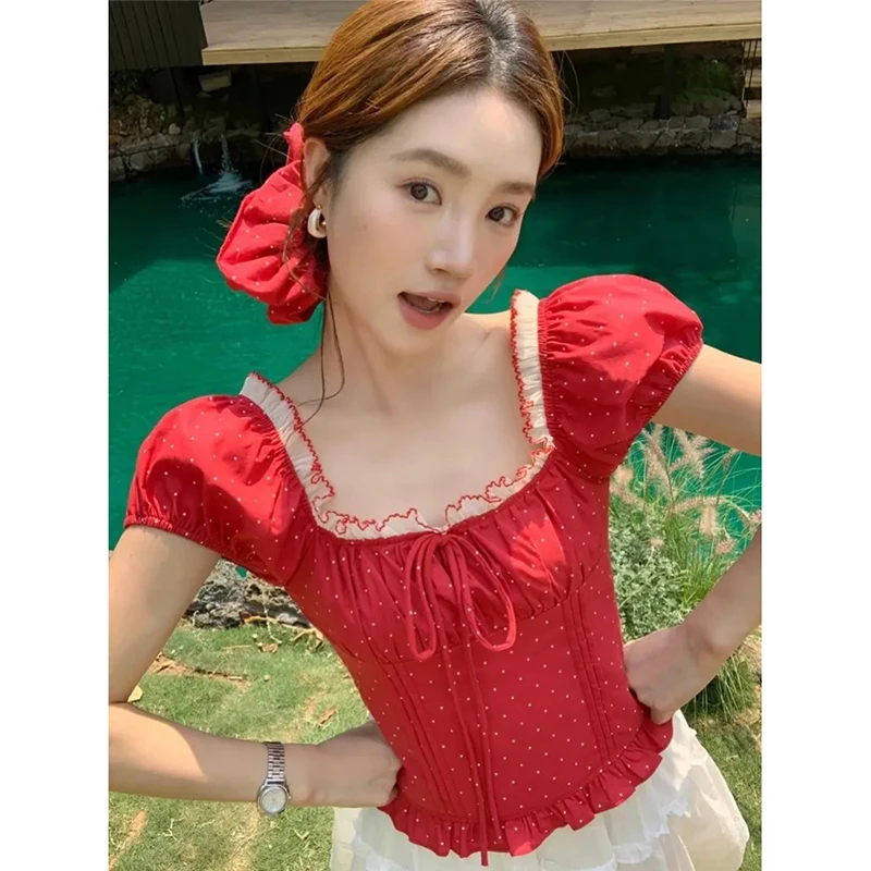 Francês doce bolha manga bolinhas arco camisa feminina verão nicho emenda renda curto topo blusa feminina