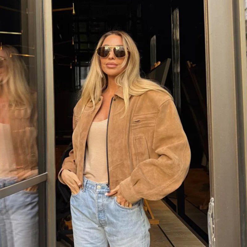 Vintage Suede Jacket For Women Long Sleeve Pocket Turn-down Collar Zippers Short Coat 2025 Autumn Winter Streetwear Lady Outwear