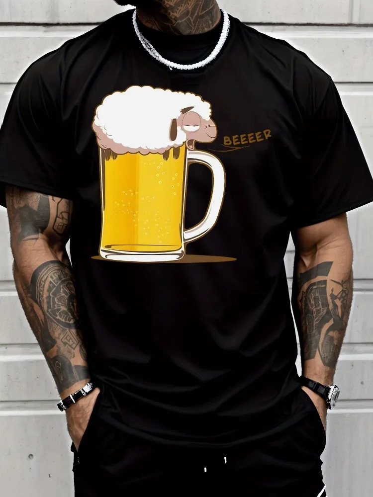 Mens Summer Crew Neck Short Sleeve T Shirt Funny Sheep Beer Mug BEEEEER Print White Tee Casual Party Daily Loose Fashion Top