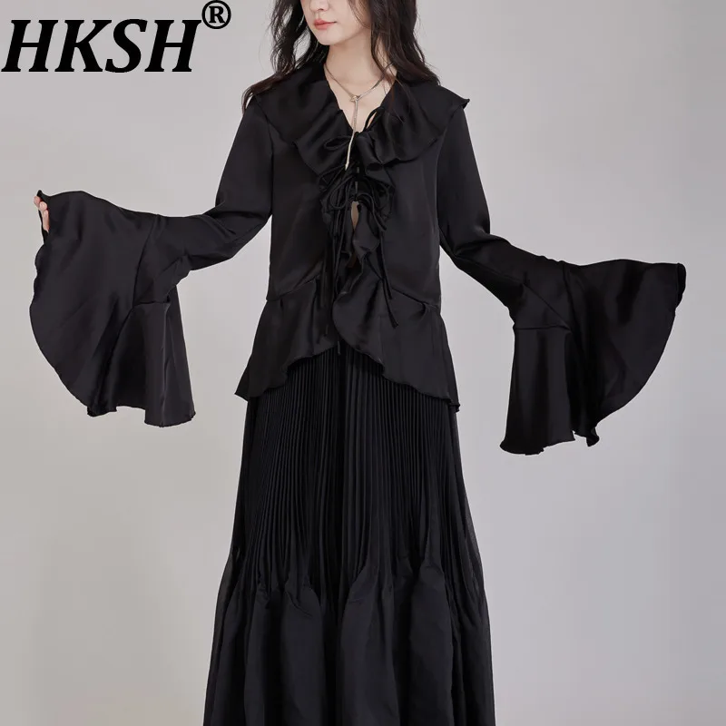 

HKSH 2026 Spring Summer New Women Shirt Ruffled V-neck Flare Sleeve Lace-up Solid Color Elegant Sweet Blouse Stylish Top HK17429