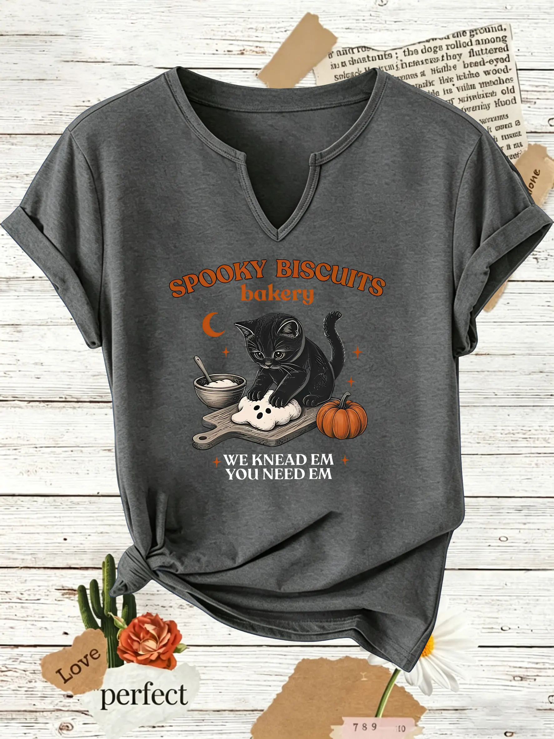 Women Summer V Neck Short Sleeve T Shirt, Spooky Biscuits Bakery Black Cat Baking Pumpkin Print, Casual Tees For Ladies