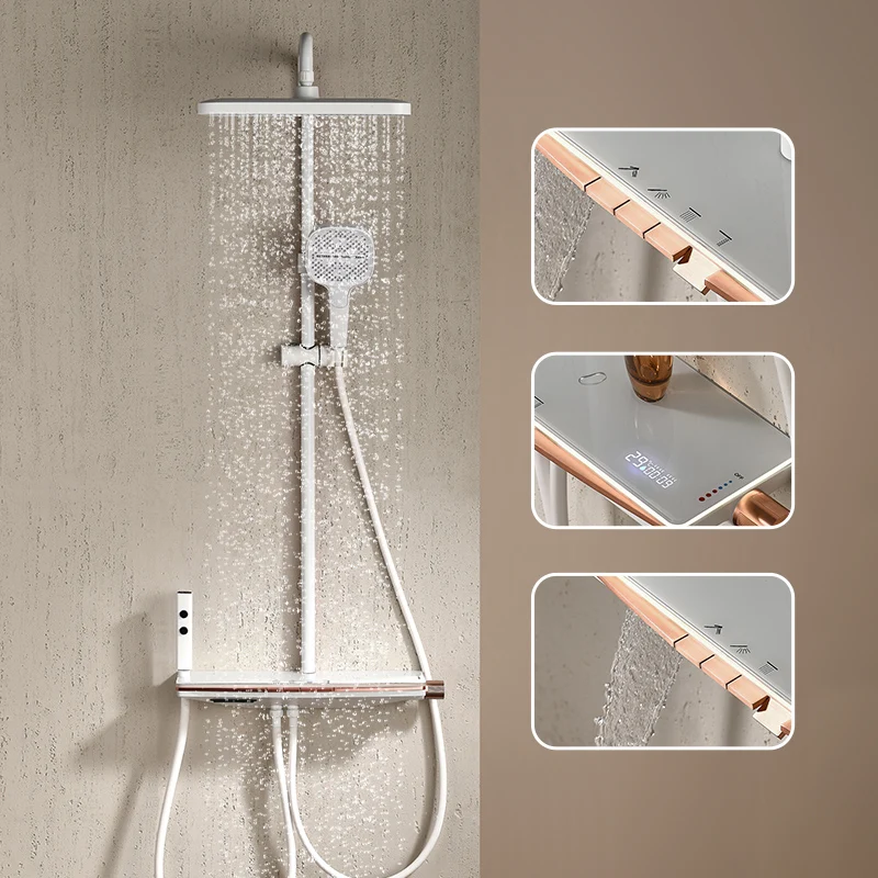 

Booster Waterfall Shower Set Wall Mounted Piano Button Modern Bath System Hot And Cold Mixing Valve Copper Concentrate