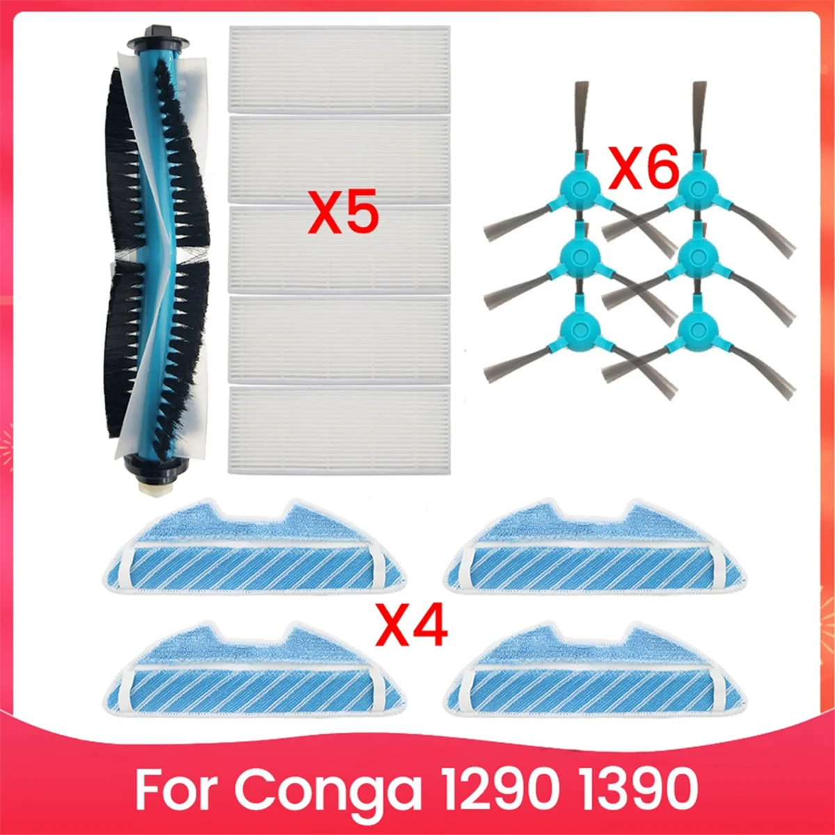 ABXHH Für Conga 1290 1390 Roboter Staubsauger Haupt Roller Seite Pinsel HEPA Luftfilter Mopp Tuch Ersatz Ersatzteile