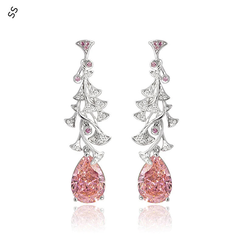 

Ginkgo Biloba Synthetic Red Corundum Drop Earrings S925 Silver Light Luxury Fashion Niche Design Padparadscha Ice Flower Zircon