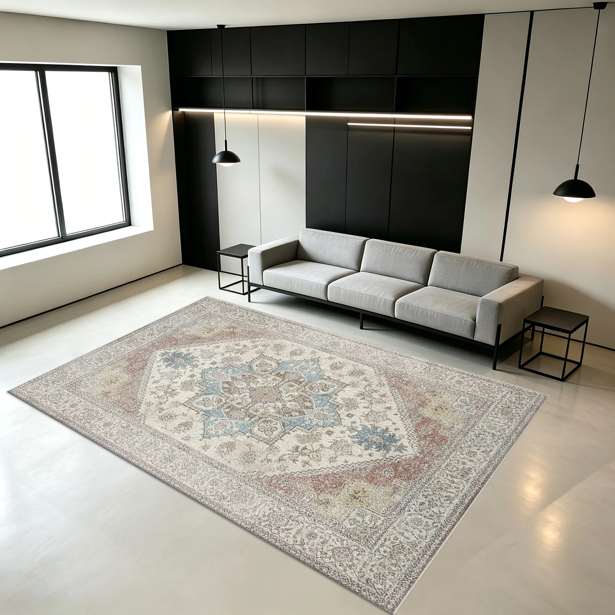 Vintage Traditional Medal Pattern Carpet Floor Mat, Neutral Multi-Color Square Carpet, Non-Slip Floor Mat, Suitable for Living Room and Bedroom