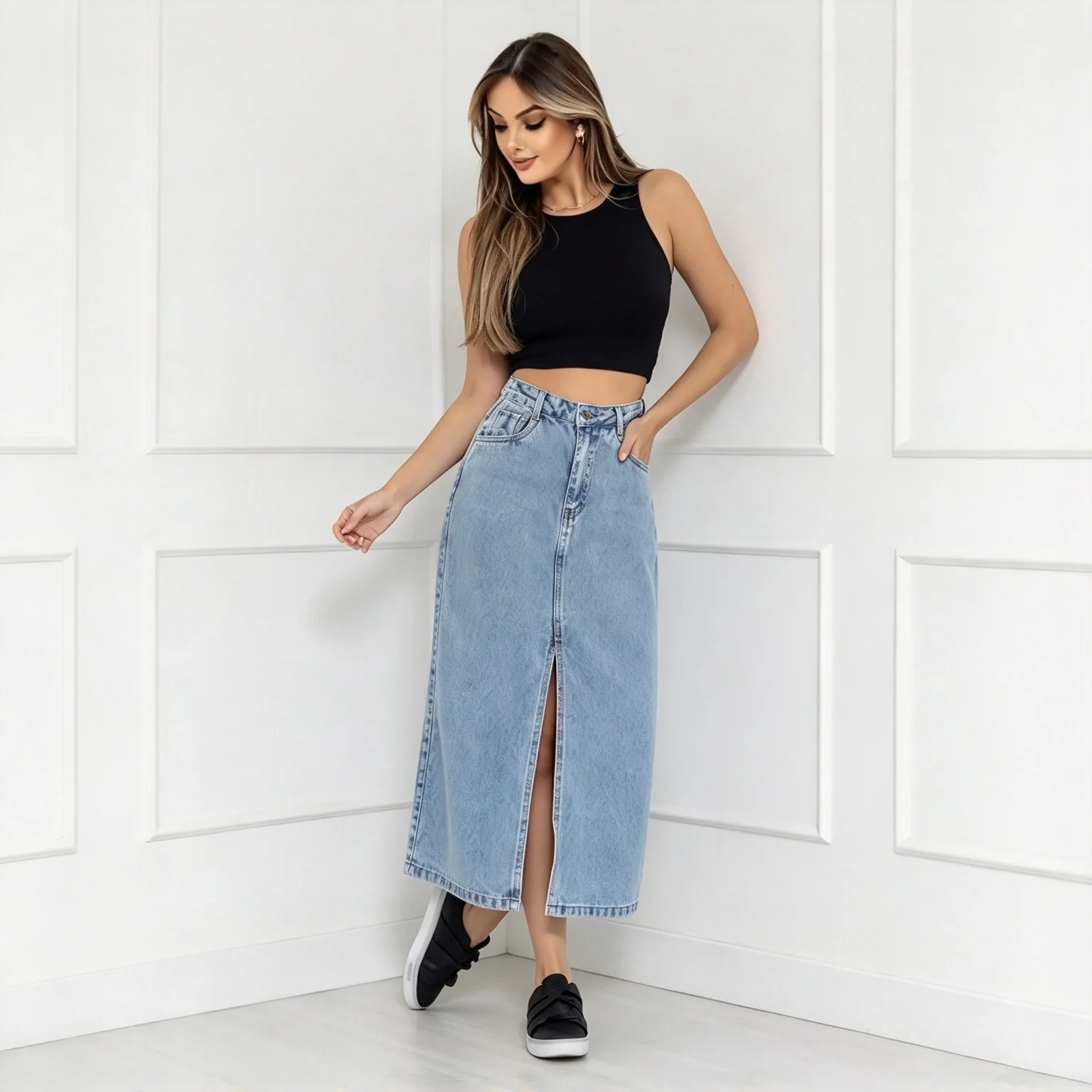 Saia Midi Jeans Feminina Com Fenda Lateral