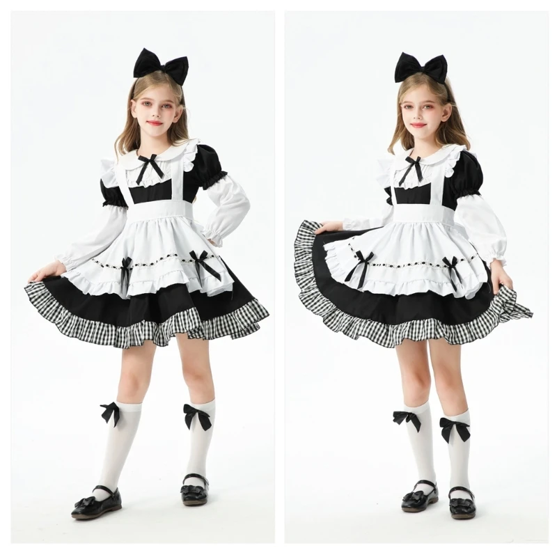 Bezauberndes Prinzessinnen-Kleid und Zubehör-Set für Mädchen, weiß-schwarze farblich passende Kopfbedeckung für Cosplay und