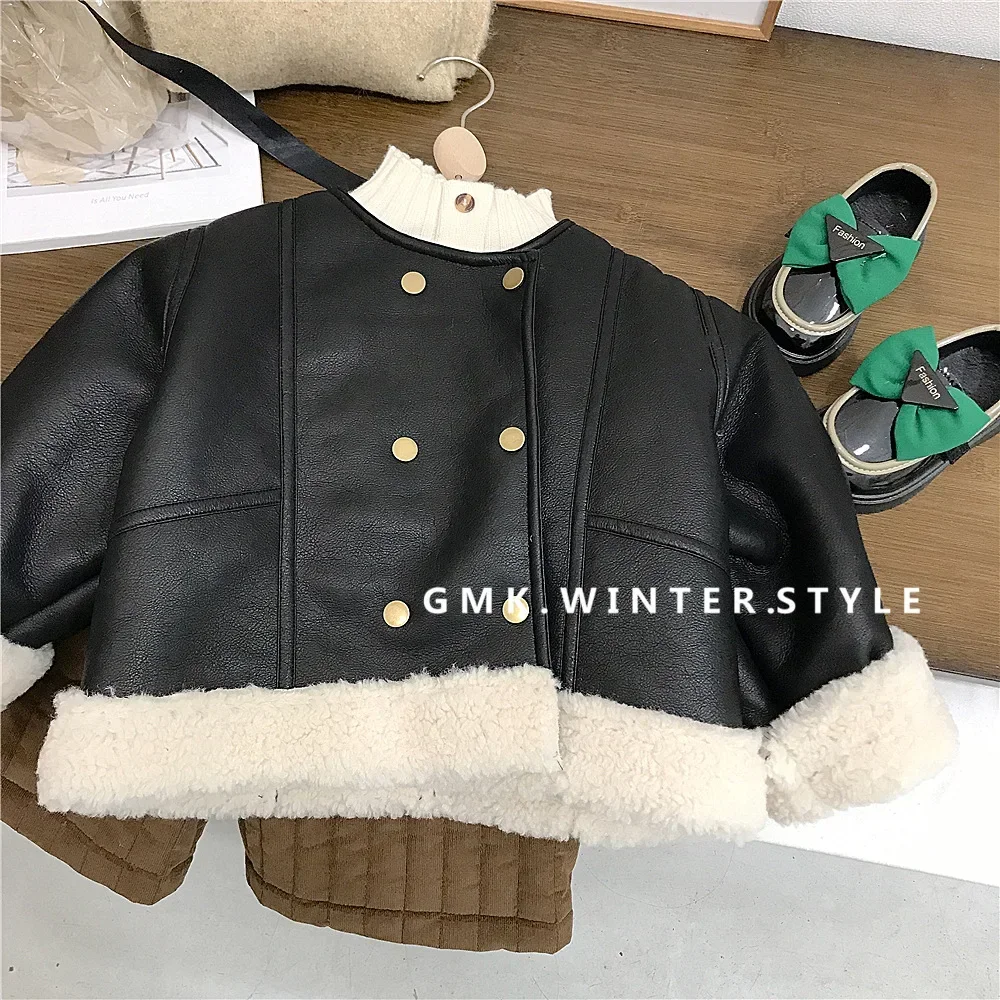 Outerwear Girl Coat Loose Coat Lamb Cashmere Faux Fur Winter New Baby Leather Clothing Locomotive Suit Thickening 2024