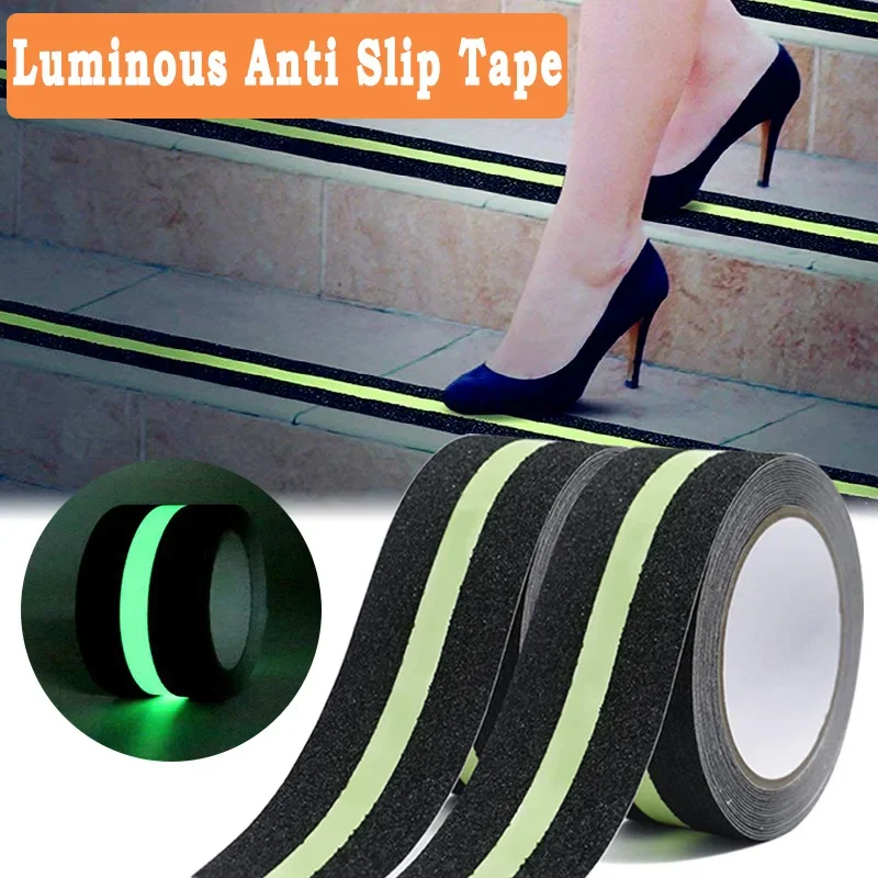 5CM x 5M Anti Slip Traction Tape With Glow in Dark Green Stripe Friction Abrasive Adhesive For Stair Tread Step Indoor Outdoor