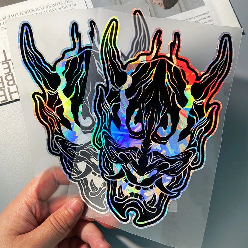 JDM Devil Mask Waterproof Sticker Silver Holographic Carbon Decal for Scooter Fuel Tank Fairing DIY