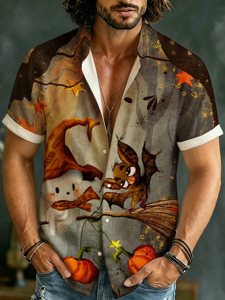 Big Size Men Summer Shirt Vintage Watercolor Ghost Bat Pumpkin Print Lightweight Breathable Lapel Casual Blouse Halloween