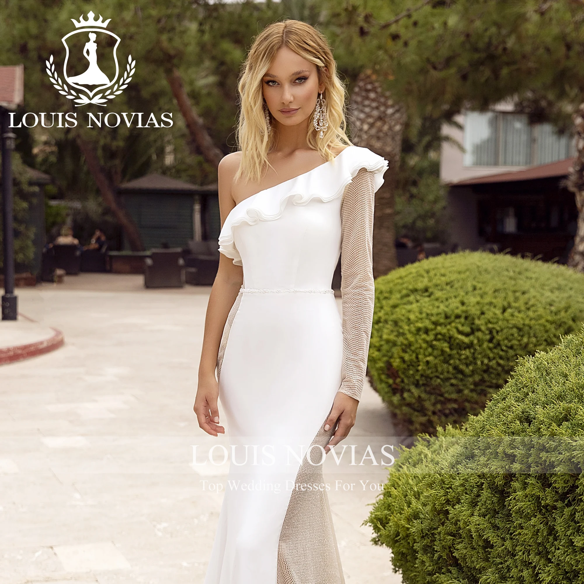 LOUIS NOVIAS แขนยาวชุดเดรสเมอร์เมดเซ็กซี่หนึ่งไหล่ RuFFLES Backless ภาพลวงตาซาตินชุดแต่งงาน Vestidos De Novia