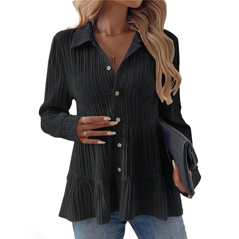 

CYL-Women's Button Down Peplum Blouse Long Sleeve Collared Loose Fit Shirts Textured Top
