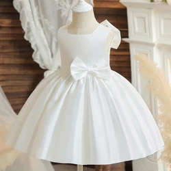 Summer Dress 1st Birthday Dresses Newborn Girls Sleeveless Tutu Dress Big Bow Baby Girls Wedding Gown White Baptism Costume