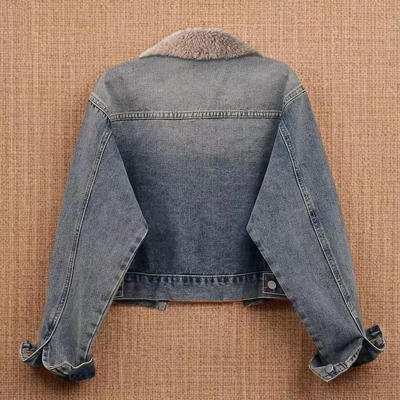 2026 Autumn Winter Women Fleece Lined Denim Jacket Thick Warm Loose Big Pocket Jean Coat Outerwear