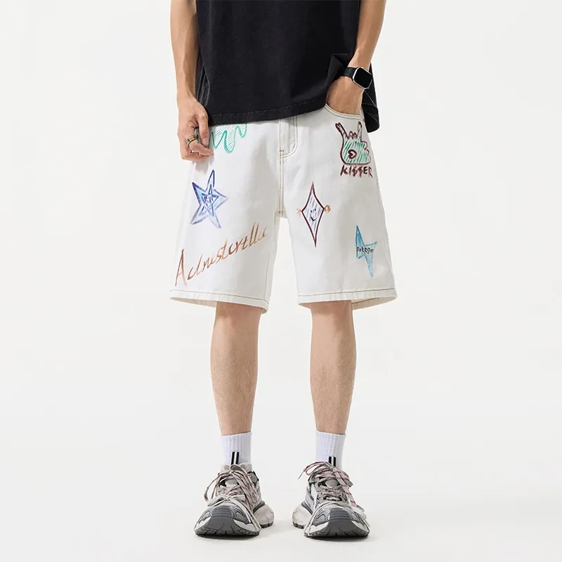 Summer High Waist Loose Straight Vintage White Denim Shorts for Men Hand Sketch Graffiti Street Trend Five Points Pants