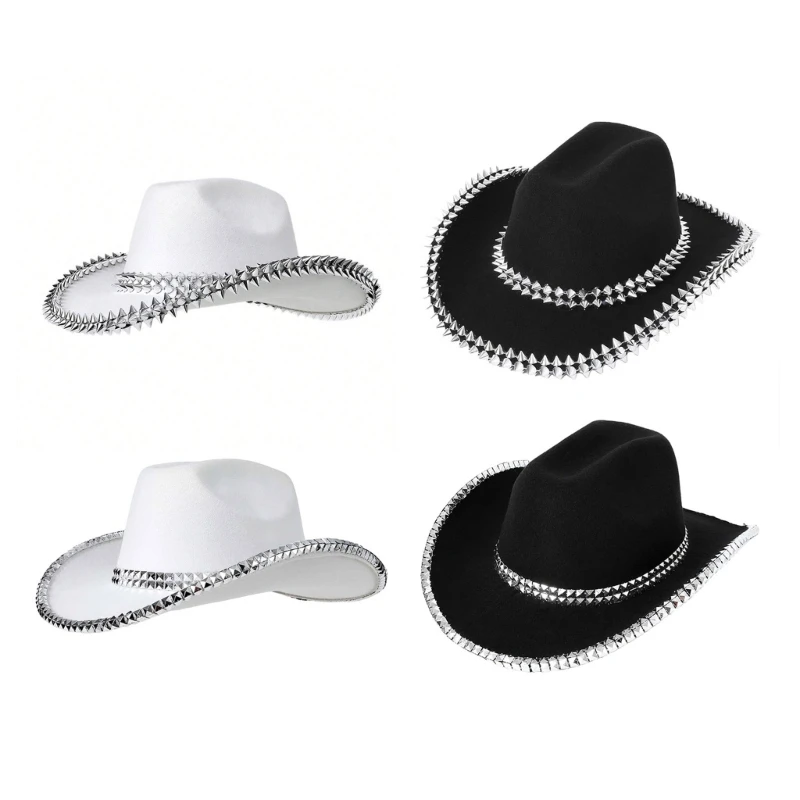 652F Plain Color Cowboy Hat Wedding Bride Woman Hat with Glitter Rivet Trim Applique for Banquets Party Cowboy Hat for Teen