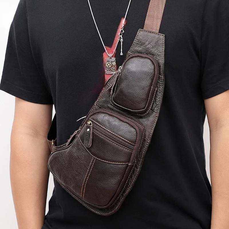 Personality Genuine Leather Male Chest Bag Multi Pocket Crossbody Sling Bag Retro Casual  Shoulder Bag Outdoor Daily Carry Bag