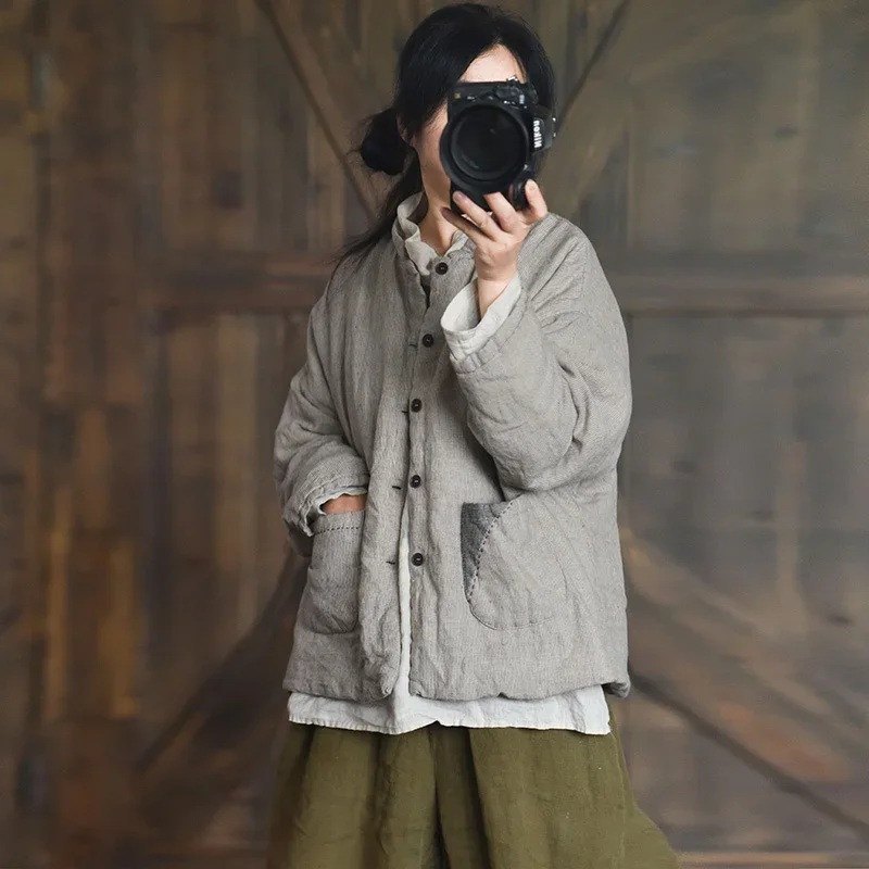 

Женские полосатые парки с длинным рукавом, зимние однобортные пальто с лоскутными карманами, новинка 2025, повседневная теплая льняная короткая куртка