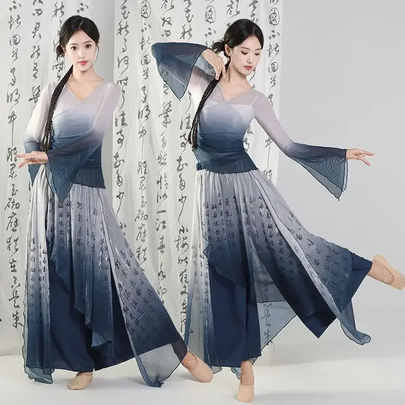 

Chinese Ancient Women Classic Dance Costume Navy Blue Top Ink Calligraphy Print Skirt Modern Hanfu Dance Practice Clothing