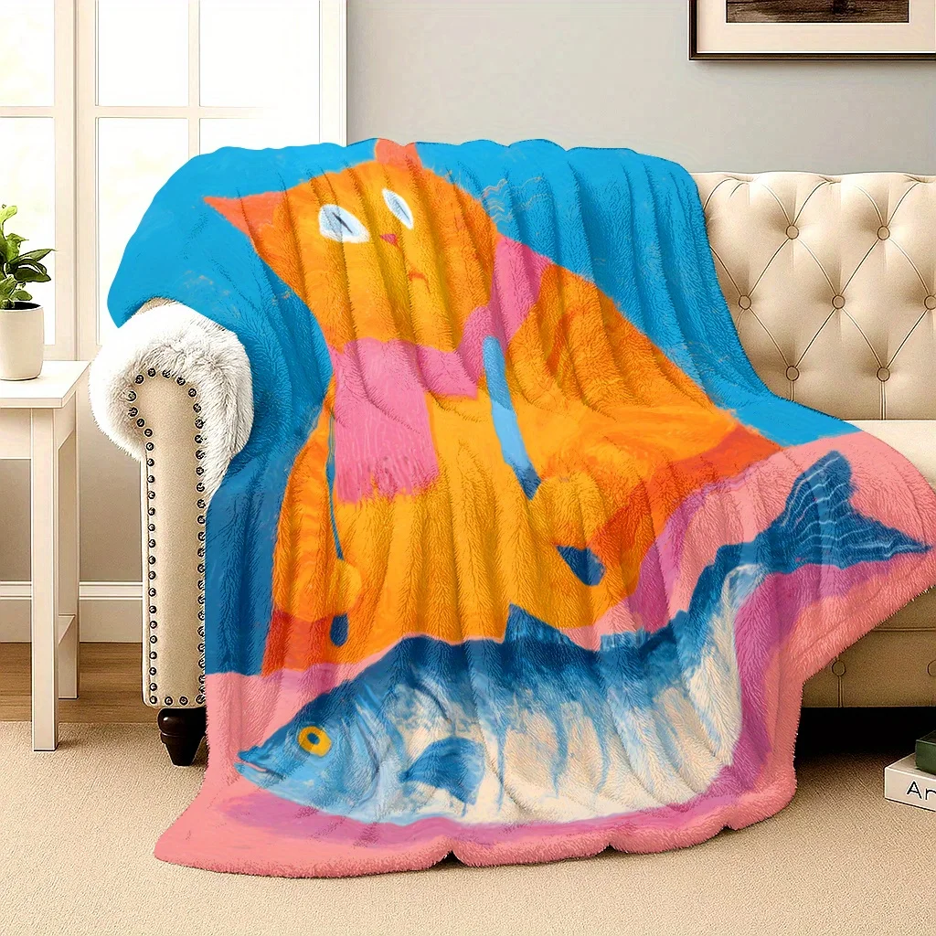 Cute cat and fish design pattern Flannel printed blanket suitable for all seasons suitable for living room office sofa travel