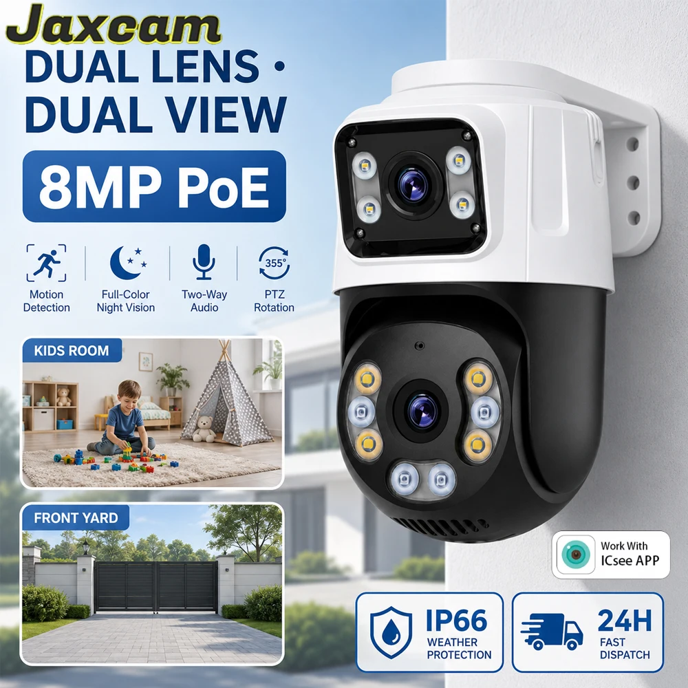 Dual‑Lens 8MP POE PTZ CCTV Camera AI Human Detection IP66 Waterproof H.265 Encoding Indoor Outdoor Security Camera