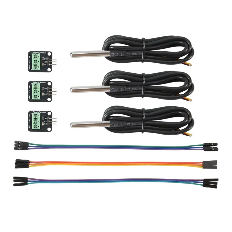 SEWS-3Set DS18B20 Temperature Sensor Kit Waterproof Digital Sensor 100CM Cable Probe Terminal Adapter For Arduino