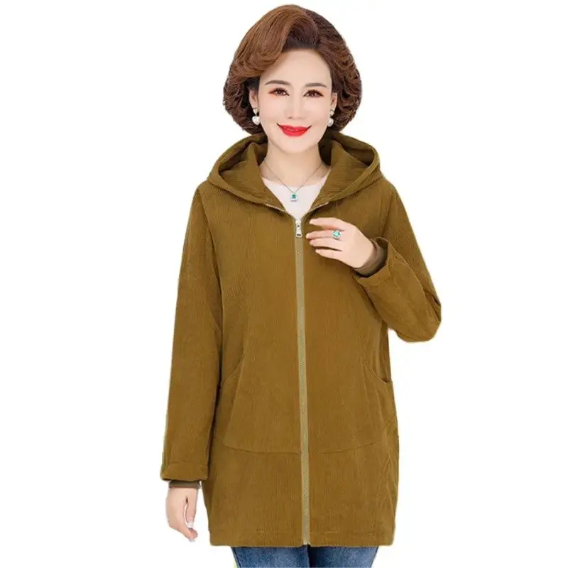 

Spring Autumn Mid-Long Corduroy Coat Women 2023 New Loose Hooded Jacket Pure Colour Outerwear Fashion Pocket Overcoat Female