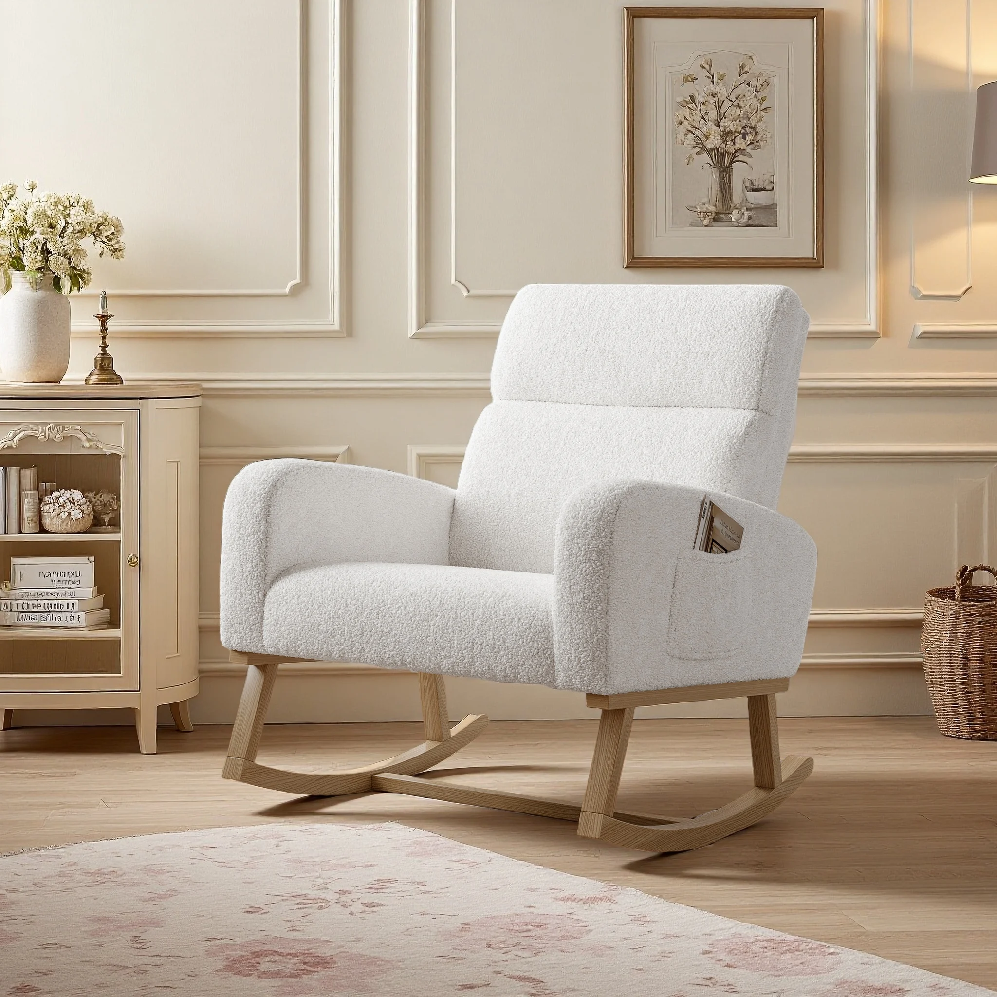 Comanlai Witte wollen schommelstoel met opbergvakken aan de zijkant, een comfortabele loungestoel.
