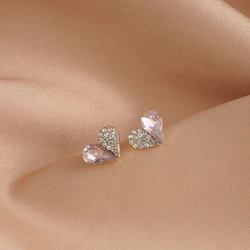 Pink Green Crystal Heart Stud Earrings Sweet Korean Fashion Women's Small Earrings Lovely Cute Tiny Ear Decoration 2024 new in