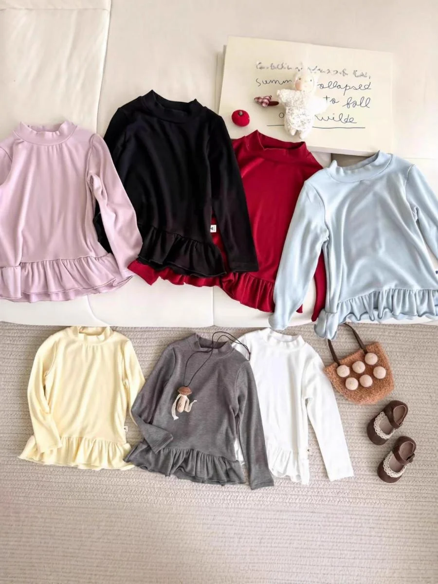 Camiseta Longa com Babados para Meninas 2025 Outono Nova Moda Versátil para Crianças