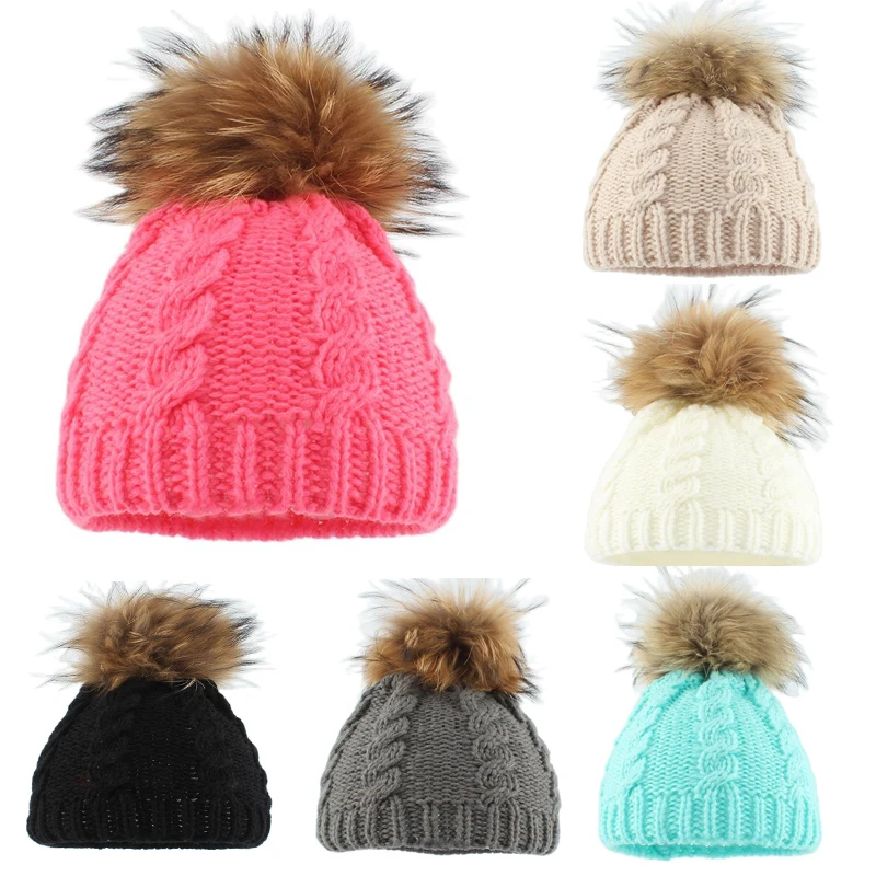 

Real Raccoon Fur Pompom Beanie Kids Autumn Winter Baby Knit Hats Infants Toddler Twist Knitted Wool Skullies Beanies