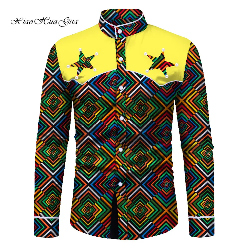 African Men Long Sleeve Shirt Fashion Bazin Riche Tops Men Casual African Print Shirt Coat Causal Party Office Shirt WYN645