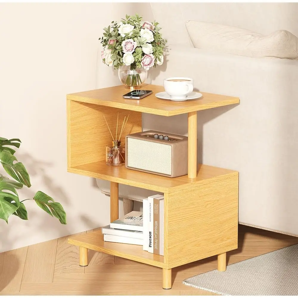 3-Tier S-Shaped Side Table, Solid Wood Legs, Storage Shelf, Ideal for Small Spaces, Suitable for Bedroom, Living Room, Entryway,