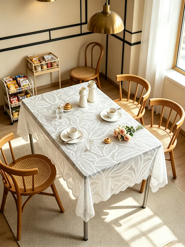1Pc French White Sheer Lace Tablecloth, Leaf Pattern Transparent Table Cover for Dining Table Kitchen Wedding Party Home Decor