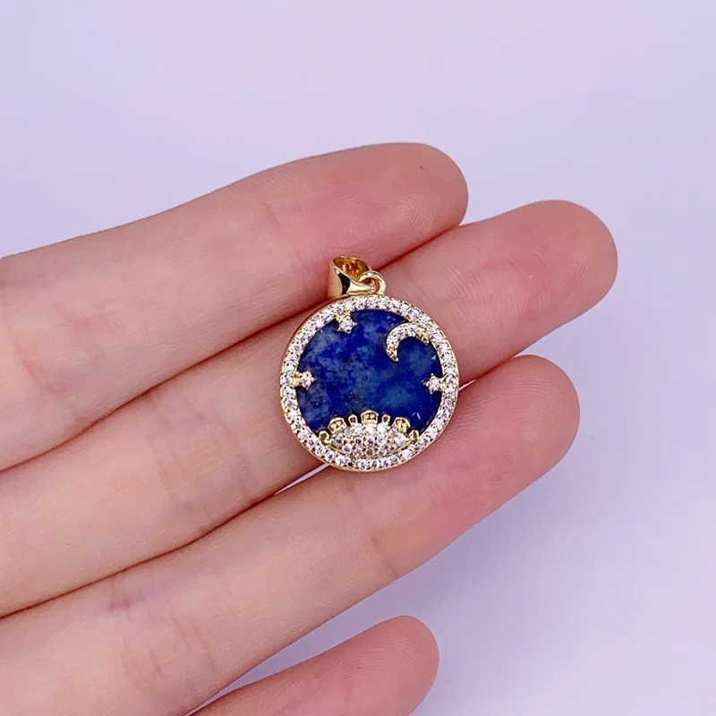 Round Necklace Pendant Lapis Lazuli Compass Star Of David Moon Zircon Copper Gold Plated Charms Jewelry Accessories