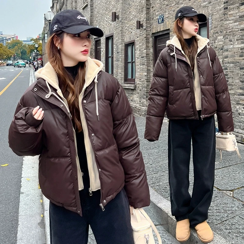 

Women Winter Fake Two Piece Cotton Jacket PU Leather New Short Thick Hooded Design Parkas