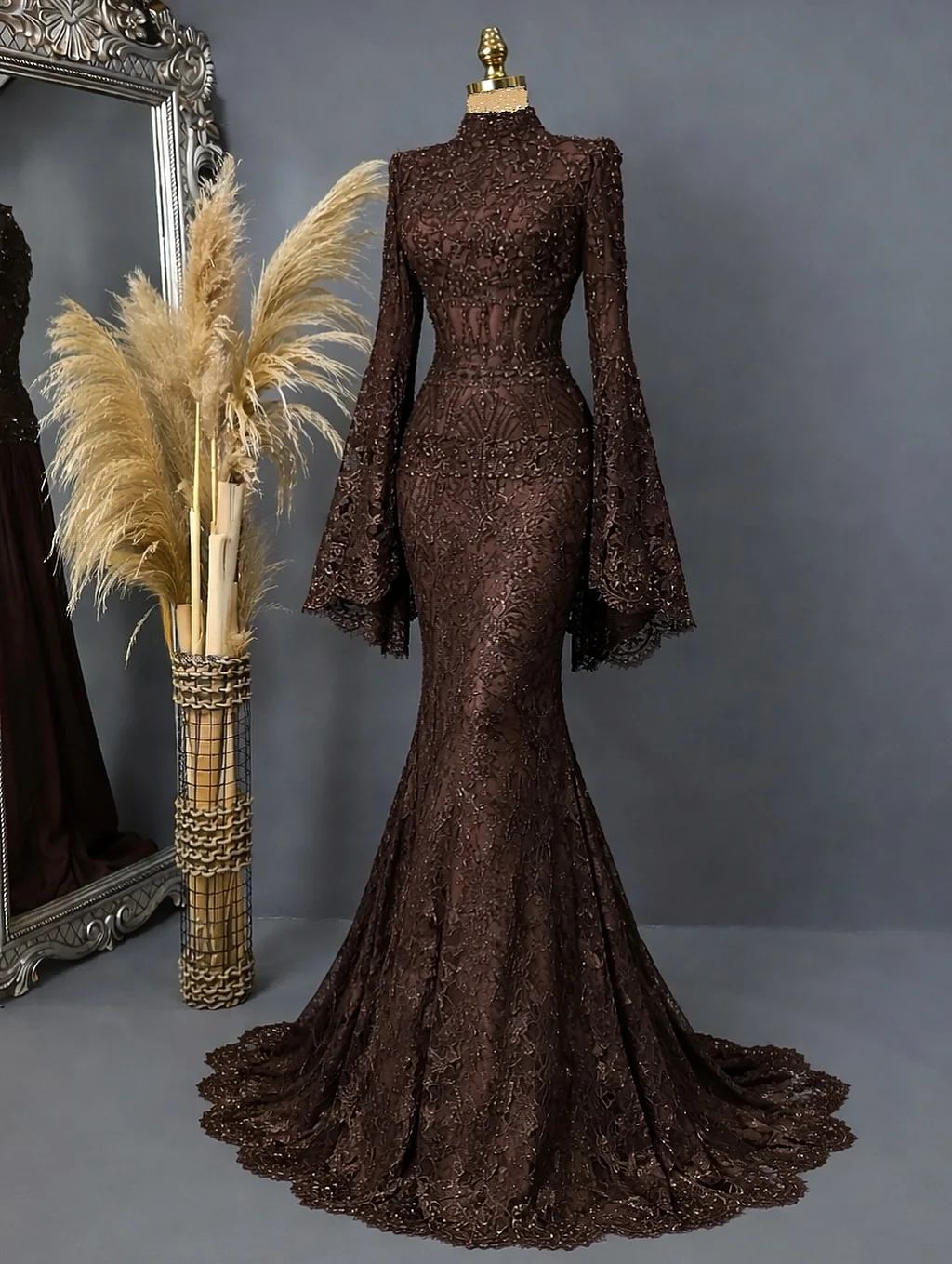 

Ramadan Luxury Custom Dark Brown Embroidery Evening Gown High Neck Lace Beaded Bell Sleeve Mermaid Floor Length Train Dress
