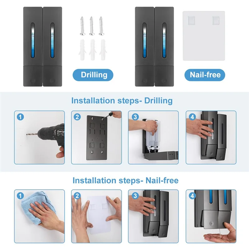 BAAG-เครื่องจ่ายสบู่ติดผนัง,เครื่องจ่ายสบู่ติดผนัง 2 X 400 มล.,ไม่มีการเจาะ,สําหรับห้องครัวและห้องน้ํา