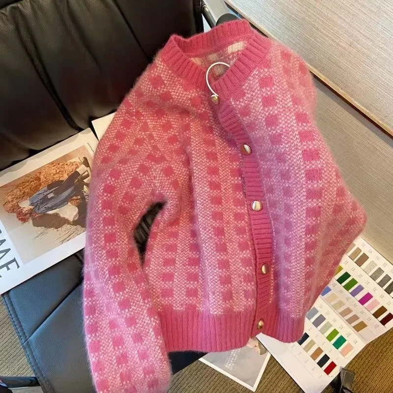 Autumn Spring Sweet Plaid Print Single-breasted Cropped Sweater Korean Slim Long Sleeves Kawaii Pink Sweater New Knitted Sweater