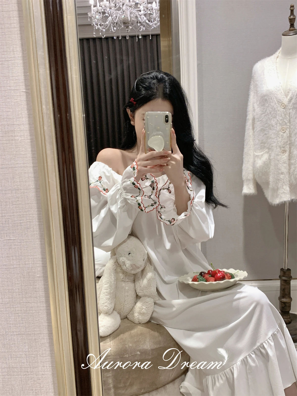 Pure Cotton Strawberry Print Lace Sweet Retro Long Nightdress Casual Loose Comfortable Homewear