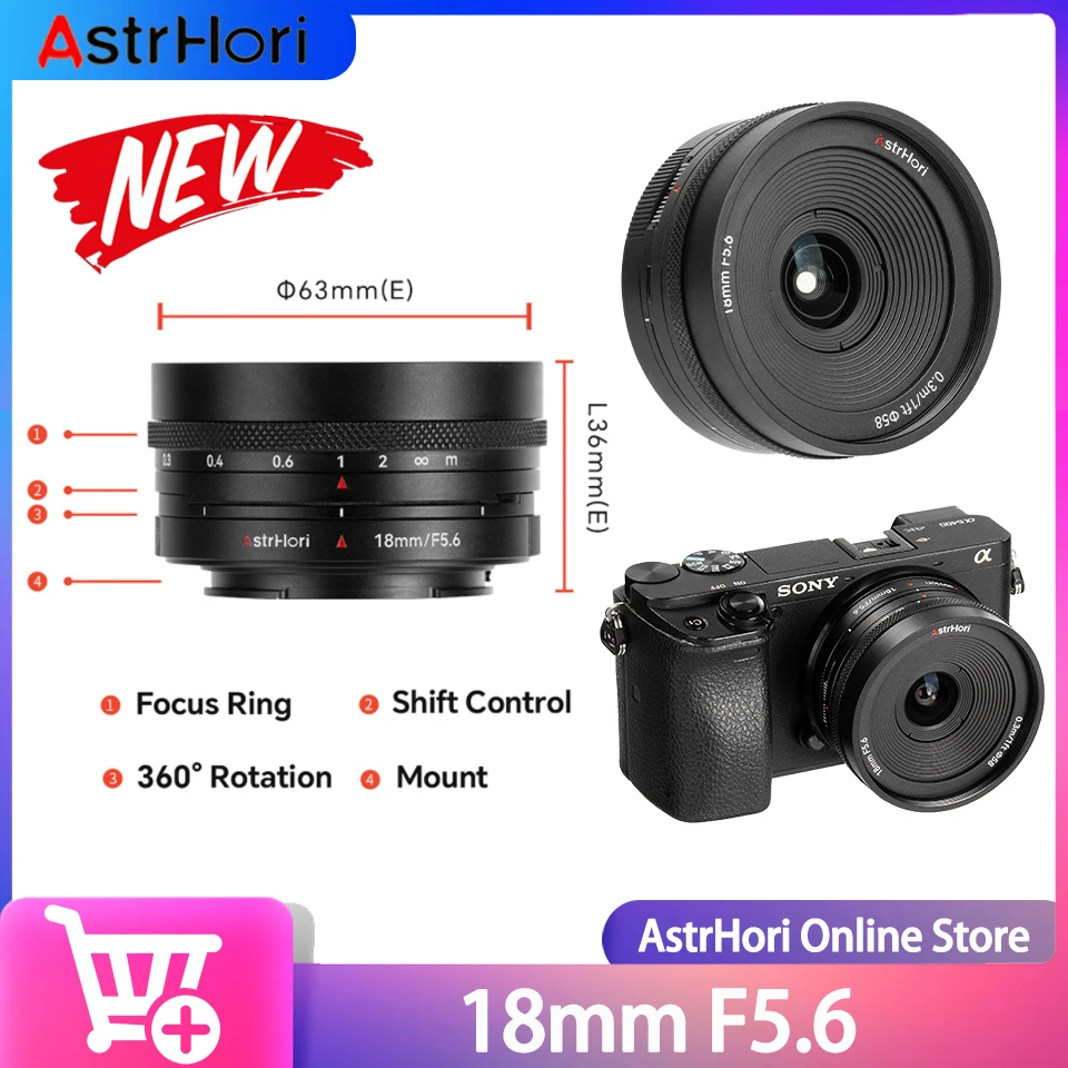 Объектив переключения передач AstrHori 18 мм F5,6 APS-C с ручной фокусировкой 360 °   Вращающийся широкоугольный объектив для камеры Sony E Nikon Z Fujifilm X L с креплением