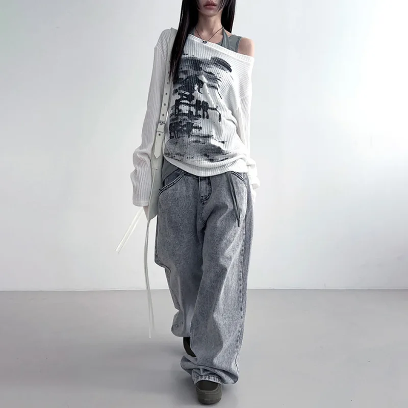 2024 Summer New Women's Spicy Girl Personalized Vintage Printed Slant Neck Loose And Versatile Long Sleeve Top