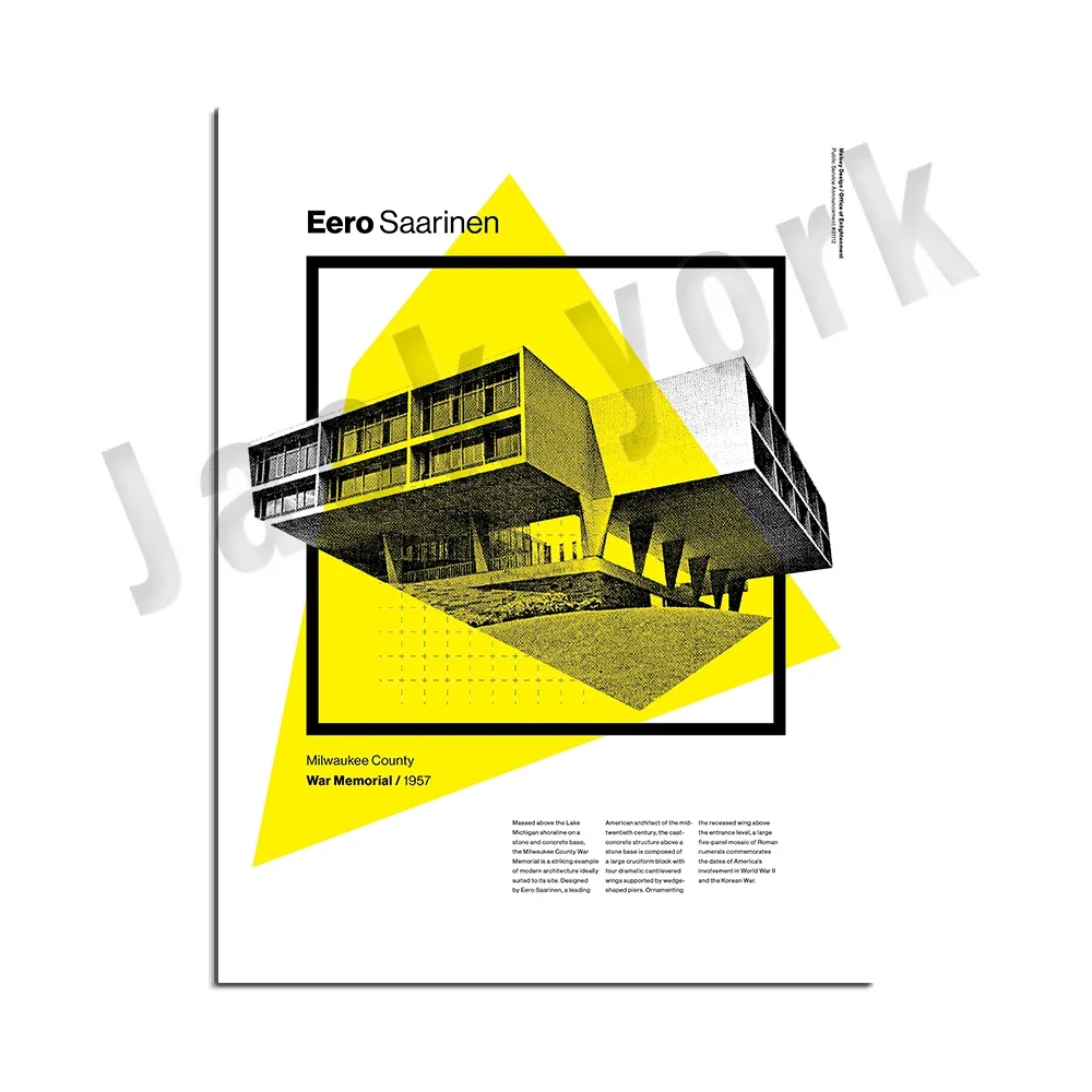 Eero Saarinen Milwaukee County War Memorial, Mies van der Rohe style architectural poster, Bauhaus architecture Helvetica print